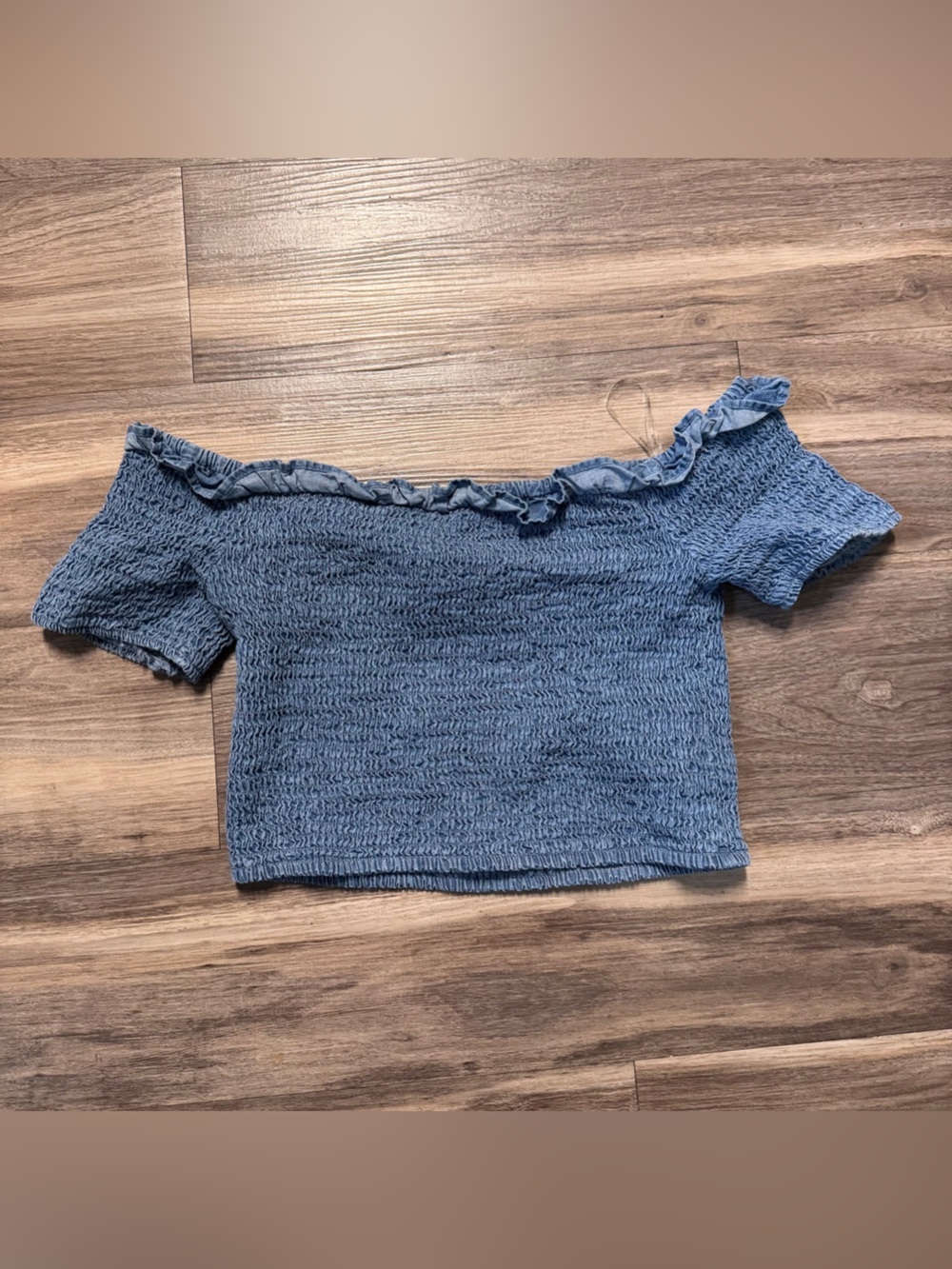 Smocked Off-Shoulder Crop Top in Dusty Blue